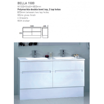 ECT Vanity-Bella Polymarble double bowl top, 2 tap holes 820mm between 2 tap holes White Gloss Finish 4 Drawer with kitcker